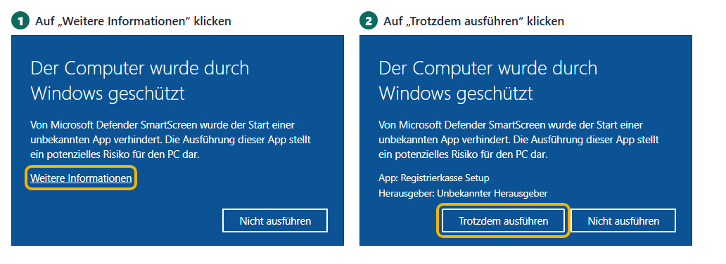 Die Warnung von Windows: erst auf „Weitere Informationen“ klicken, dann auf „Trotzdem ausführen“